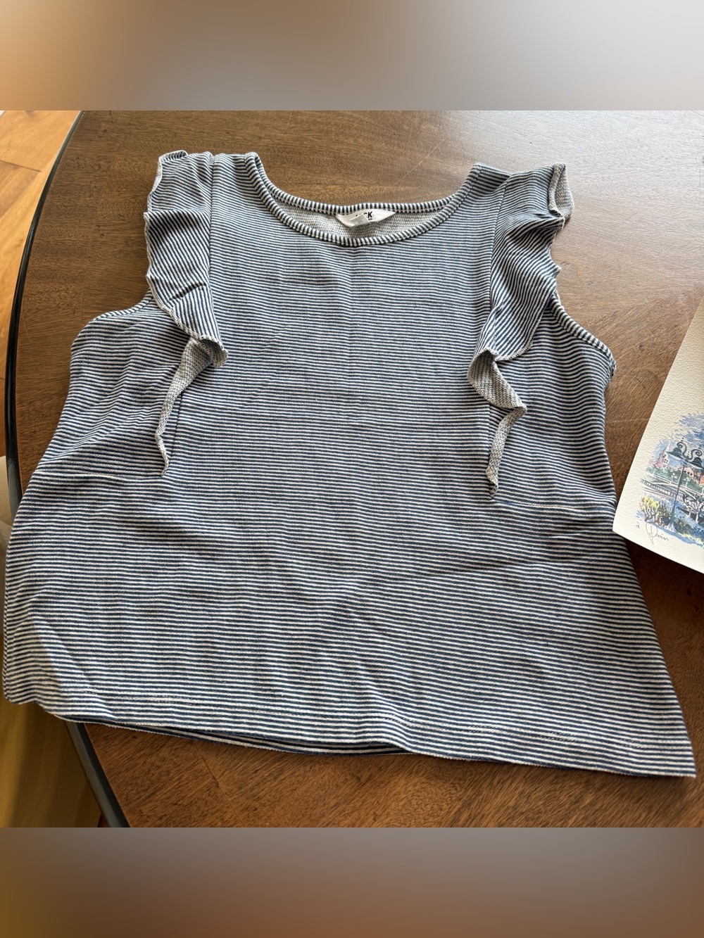 JACK Striped Ruffle Top. Sleeveless. Navy/white pin stripes. M.